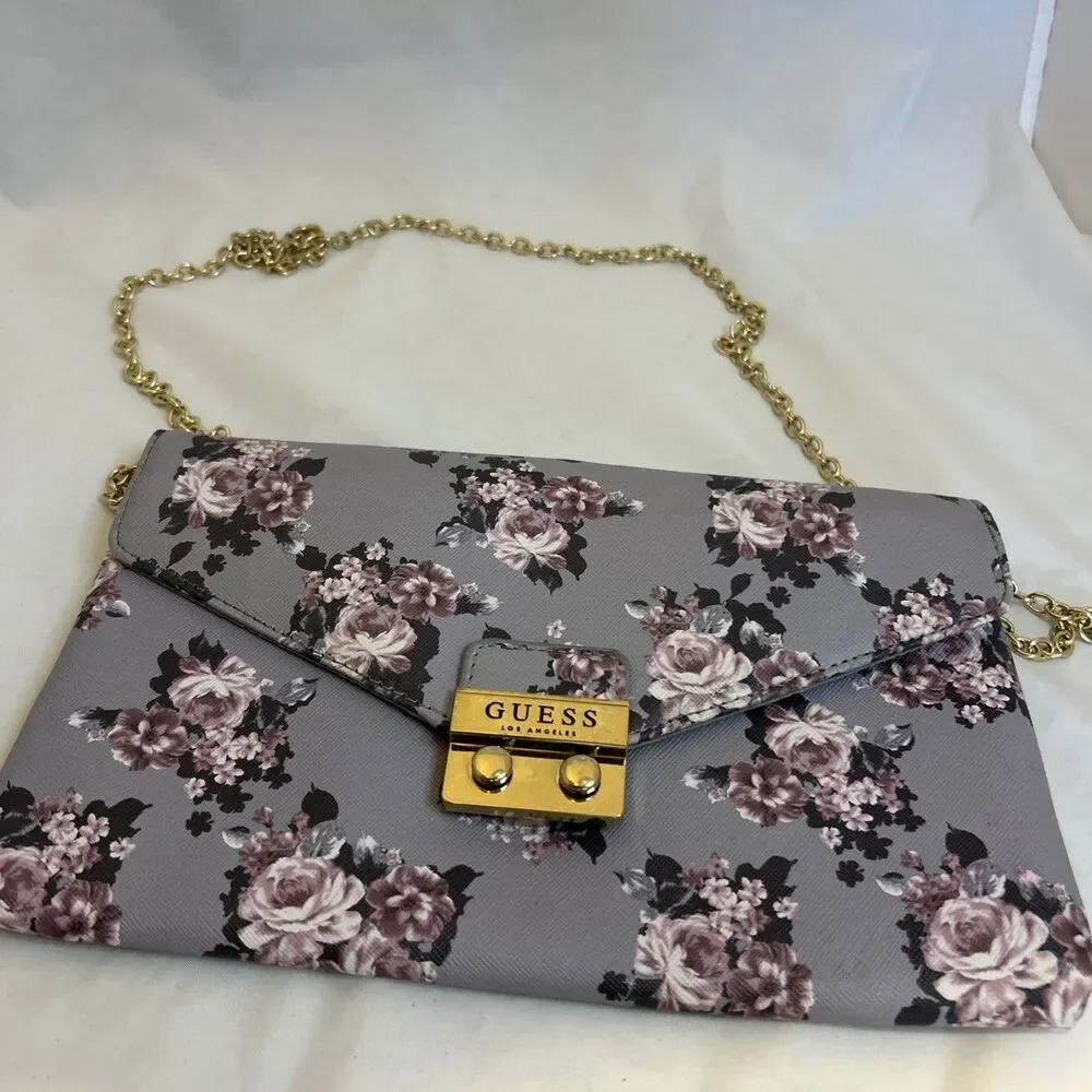 #8604 GUESS FLORAL LILAC CLUTCH PURSE CHAIN OVER SHOULDER